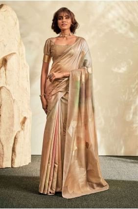 Printed Handloom Chiku  Saree with Blouse SR26901