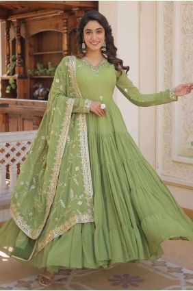 Faux georgette Embroidered Green Gown  with Dupatta GW0859
