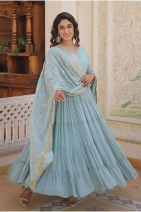 Sky blue  Faux georgette Embroidered Gown with Dupatta GW0861