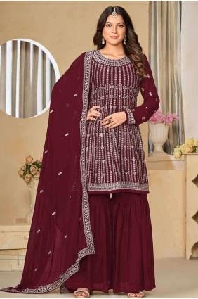 Faux georgette Embroidered Palazzo Maroon Suit with Dupatta PZ4004