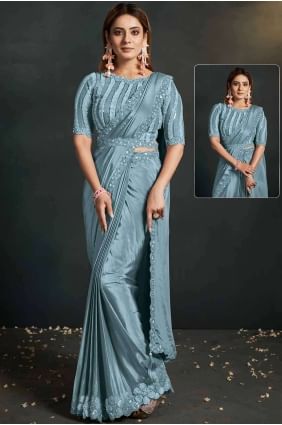 Sequins,embroidered Crepe Light blue  Saree with Blouse SR26922