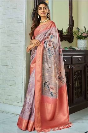 Handloom silk Saree with Weaving digital print in Dusty levender SR26934