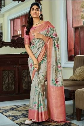 Weaving digital print Handloom silk Saree in Grey with Blouse SR26937