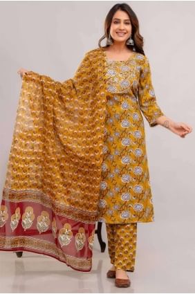 Rayon Printed Mustard  Straight Pant Suit with Dupatta SK154235