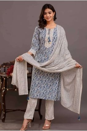 Printed Rayon Straight Pant Suit in Blue SK154236