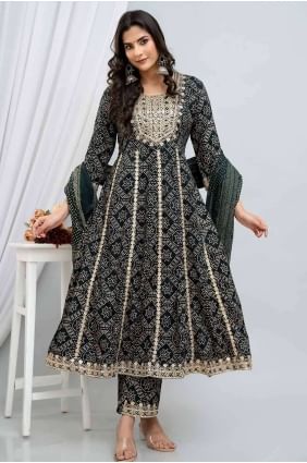 Printed Green Anarkali Suit in Rayon AS3906