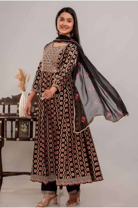 Rayon Black Anarkali Suit Printed with Dupatta AS3909