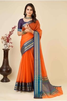 Kota doria Orange Saree Weaving with Blouse SR26941