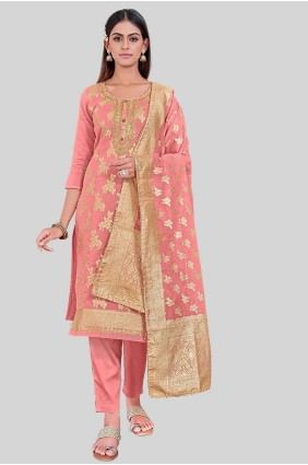Embroidered Straight Pant Suit in Peach Chanderi silk SK154245