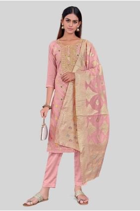 Chanderi silk Peach Straight Pant Suit in Embroidered SK154249