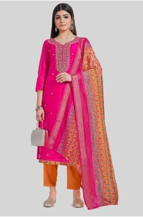 Chanderi silk Printed Pink Salwar Kameez with Dupatta SK154256