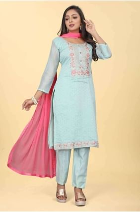 Printed Chanderi silk Firozi  Salwar Kameez with Dupatta SK154258