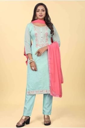 Aqua  Printed Salwar Kameez in Chanderi silk SK154260