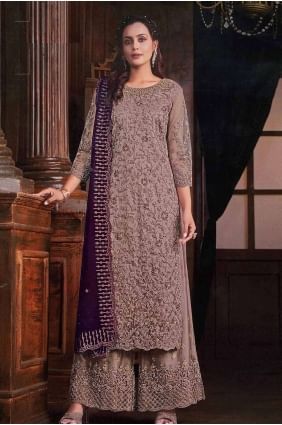 Net Straight Pant Suit with Embroidered in Mouve  PZ4013