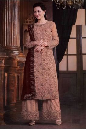 Embroidered Net Straight Pant Suit in Peach  with Dupatta PZ4016