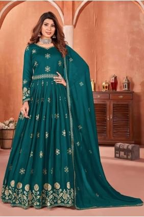 Art silk Anarkali Suit in Teal blue  with Embroidered AS3917