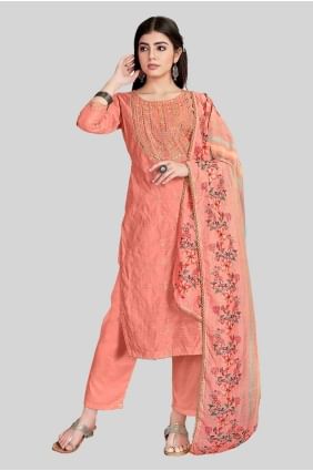 Pink Straight Pant Suit with Embroidered Chanderi silk SK154285