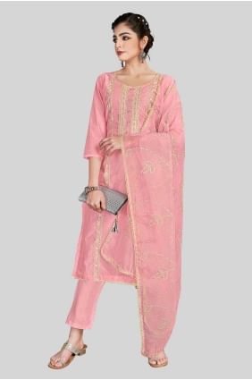 Pink Embroidered Chanderi silk Straight Pant Suit SK154293
