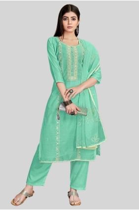 Embroidered Straight Pant Suit in Firozi  Chanderi silk SK154295