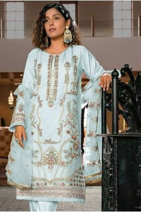 Georgette Kurti in Sky blue  with Printed SK154280