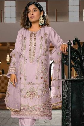 Organza Straight Pant Suit with Embroidered in Pink SK154281