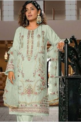 Green Organza Embroidered Straight Pant Suit with Dupatta SK154282