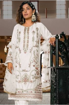 White Straight Pant Suit in Embroidered Organza SK154283