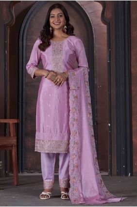 Pink Straight Pant Suit in Chiffon with Embroidered SK154314