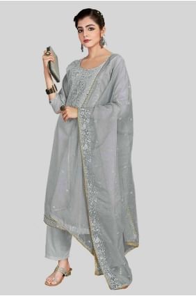 Grey Chanderi silk Embroidered Salwar Kameez with Dupatta SK154322
