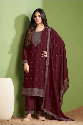 Embroidered Georgette Salwar Kameez in Maroon with Dupatta SK154324