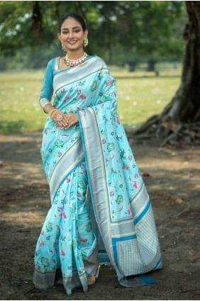 Banarasi silk Printed Sky blue  Saree with Blouse SR27078