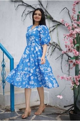 Blue Kurti with Printed Muslin KTI2433