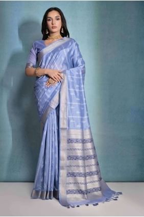 Tussar silk Printed Blue Saree with Blouse SR27094