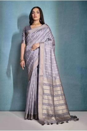 Tussar silk Printed Grey Saree with Blouse SR27097