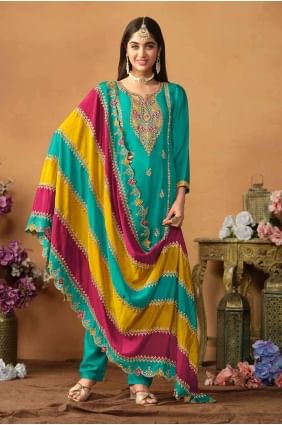 Embroidered Chiffon Straight Pant Suit in Sea green  with Dupatta SK154374