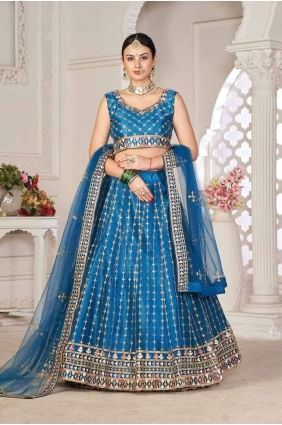 Net Embroidered Rama  Lehenga Choli with Dupatta LC7886
