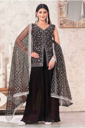 Black Georgette Embroidered Sharara Suit with Dupatta SS1146