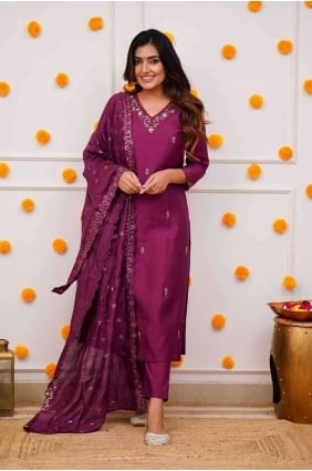Wine  Suit in Chanderi silk with Embroidered SK154397