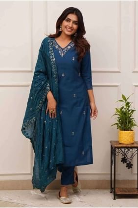 Teal blue  Embroidered  Suit in Chanderi silk SK154398