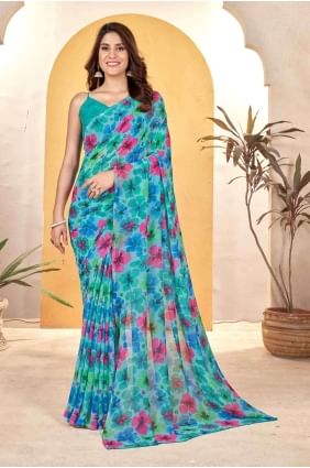 Plain Saree with Printed in Sea green  SR27203