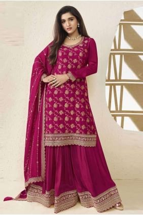 Embroidered Chiffon Sharara Suit in Rani  with Dupatta SS1153