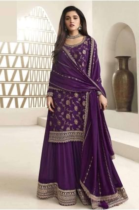 Purple Chiffon Embroidered Sharara Suit with Dupatta SS1156