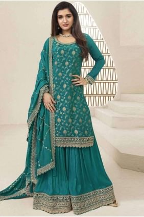 Sky blue Chiffon Embroidered Sharara Suit with Dupatta SS1157