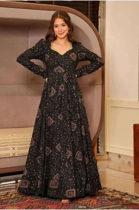 Printed Gown Dress in Black Rayon GW0915