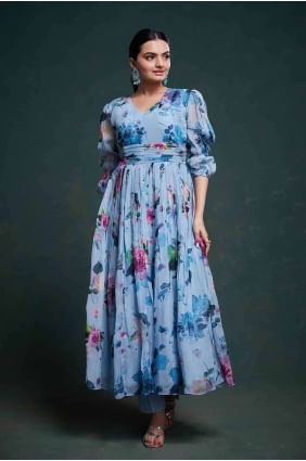 Organza Anarkali Suit with Embroidered in Sky blue  AS3952