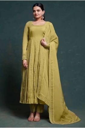 Organza Anarkali Suit in Green with Printed AS3958