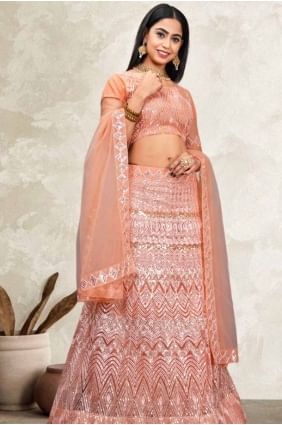 Embroidered Lehenga Choli in Peach Net LC7917
