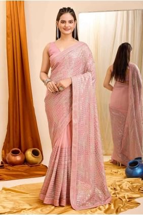 Pink Saree in Embroidered Georgette SR27272
