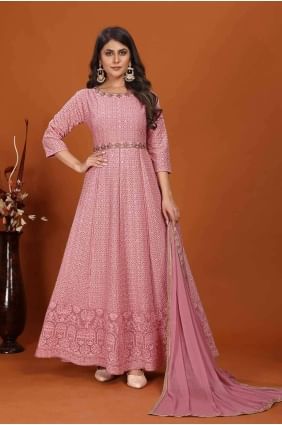 Faux georgette Gown Dress with Embroidered in Pink GW0919