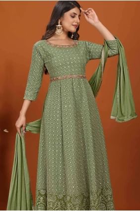 Faux georgette Gown Dress in Pista  with Embroidered GW0920